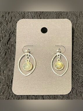 Silver Teardrop Earrings with Shimmering Green Toned Abalone Centers